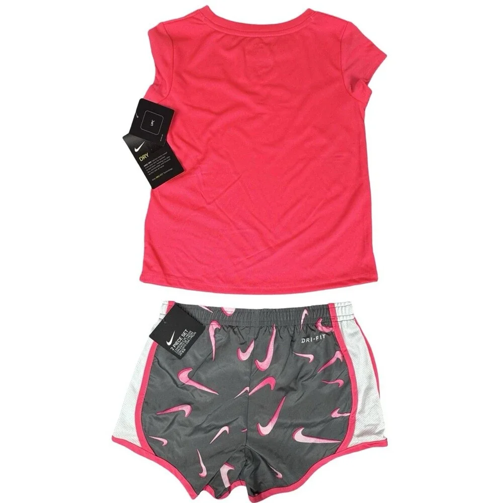 Nike Girls Size 6 Dri-Fit Set 2-Piece Pink Shirt Gray Shorts Athletic Casual New